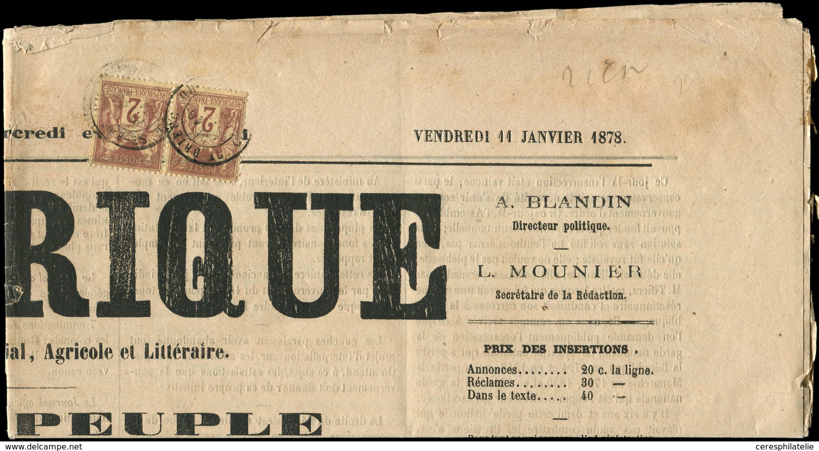 Let TYPE SAGE SUR LETTRES - N°85 PAIRE Obl. Càd T18 ST BRIEUC 10/(1/78) Sur Journal "L'ARMORIQUE", TB - 1877-1920: Période Semi Moderne