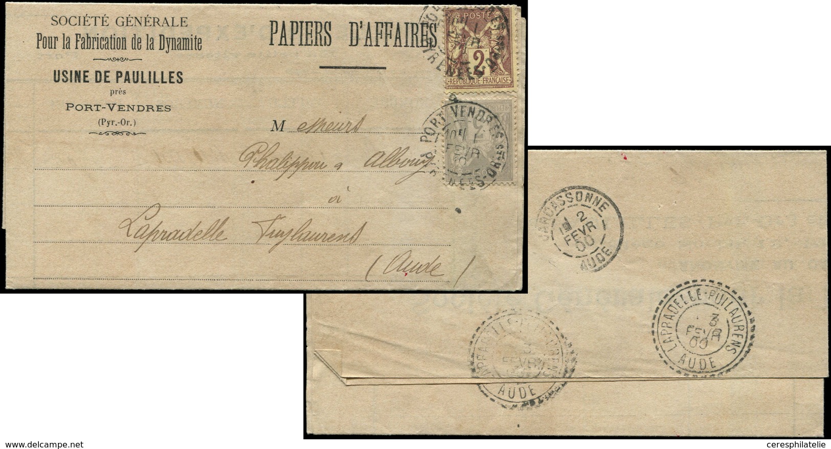 Let TYPE SAGE SUR LETTRES - N°85 Et 87 Obl. PORT VENDRES 1/2/00 Sur Papiers D'Affaires, TB - 1877-1920: Période Semi Moderne