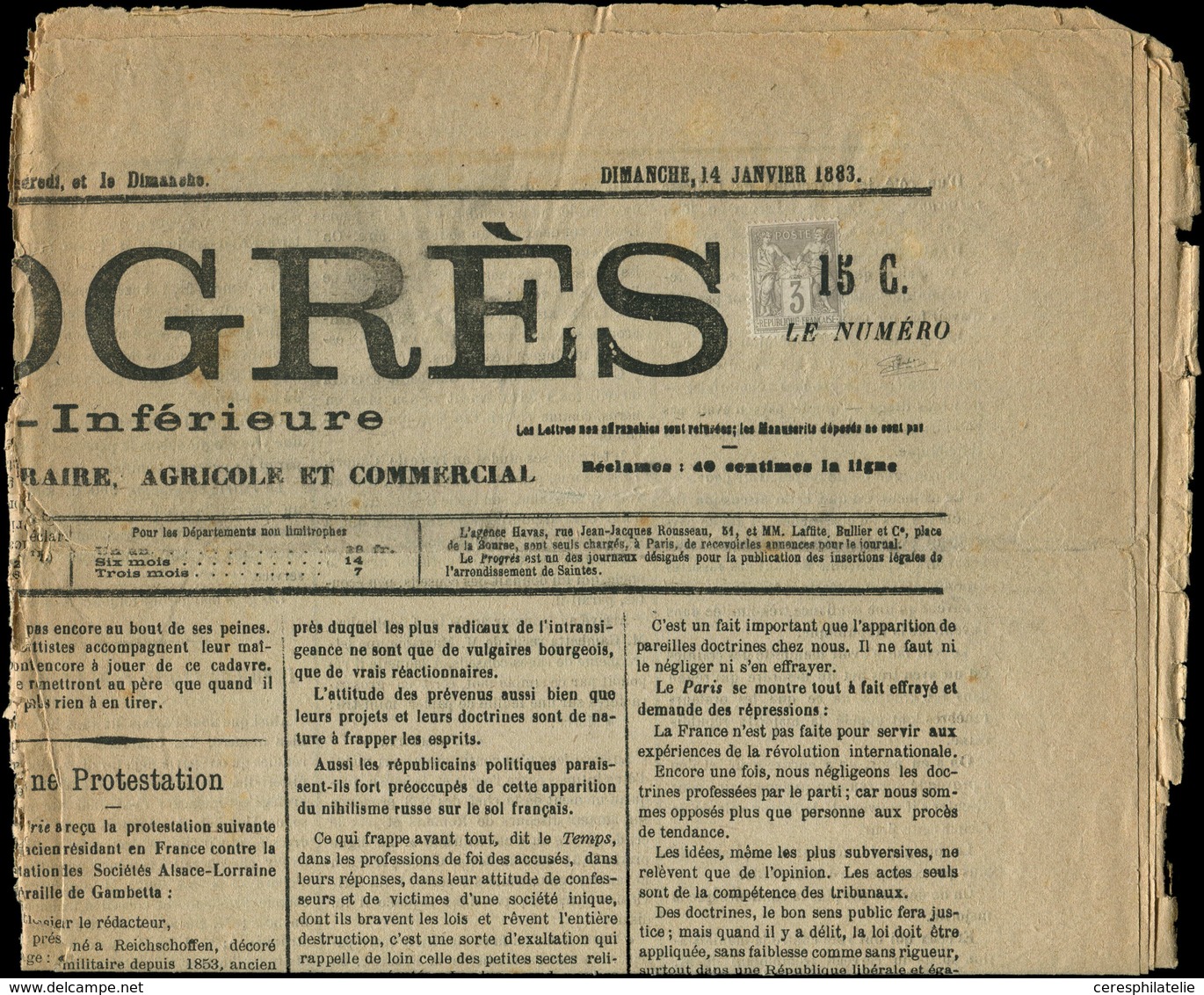 Let TYPE SAGE SUR LETTRES - N°87 Obl. TYPO Sur Journal LE PROGRES 14/1/83, R Et TB - 1877-1920: Période Semi Moderne