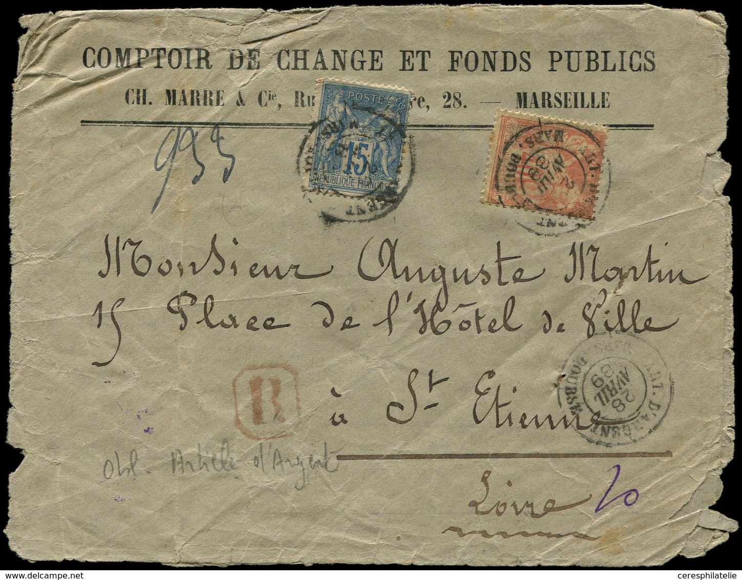 Let Recommandés, Chargés, Par Départements - 12/BOUCHES DU RHONE N°90 Et 94 Obl. Càd ART. D'ARGENT/MARS. BOURSE 28/4/89  - 1877-1920: Période Semi Moderne