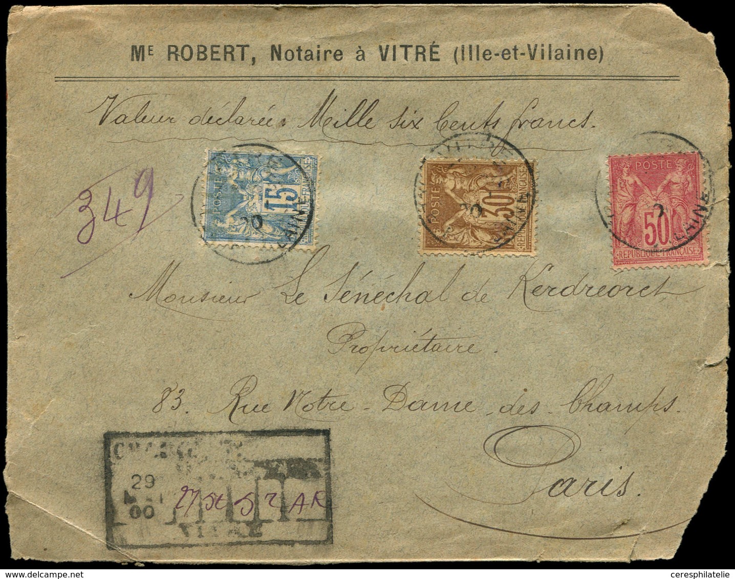 Let Recommandés, Chargés, Par Départements - 34/ILLE & VILAINE N°80, 98 Et 101 Obl. Càd VITRE 20/5/00 Sur Env. CHARGE, D - 1877-1920: Période Semi Moderne