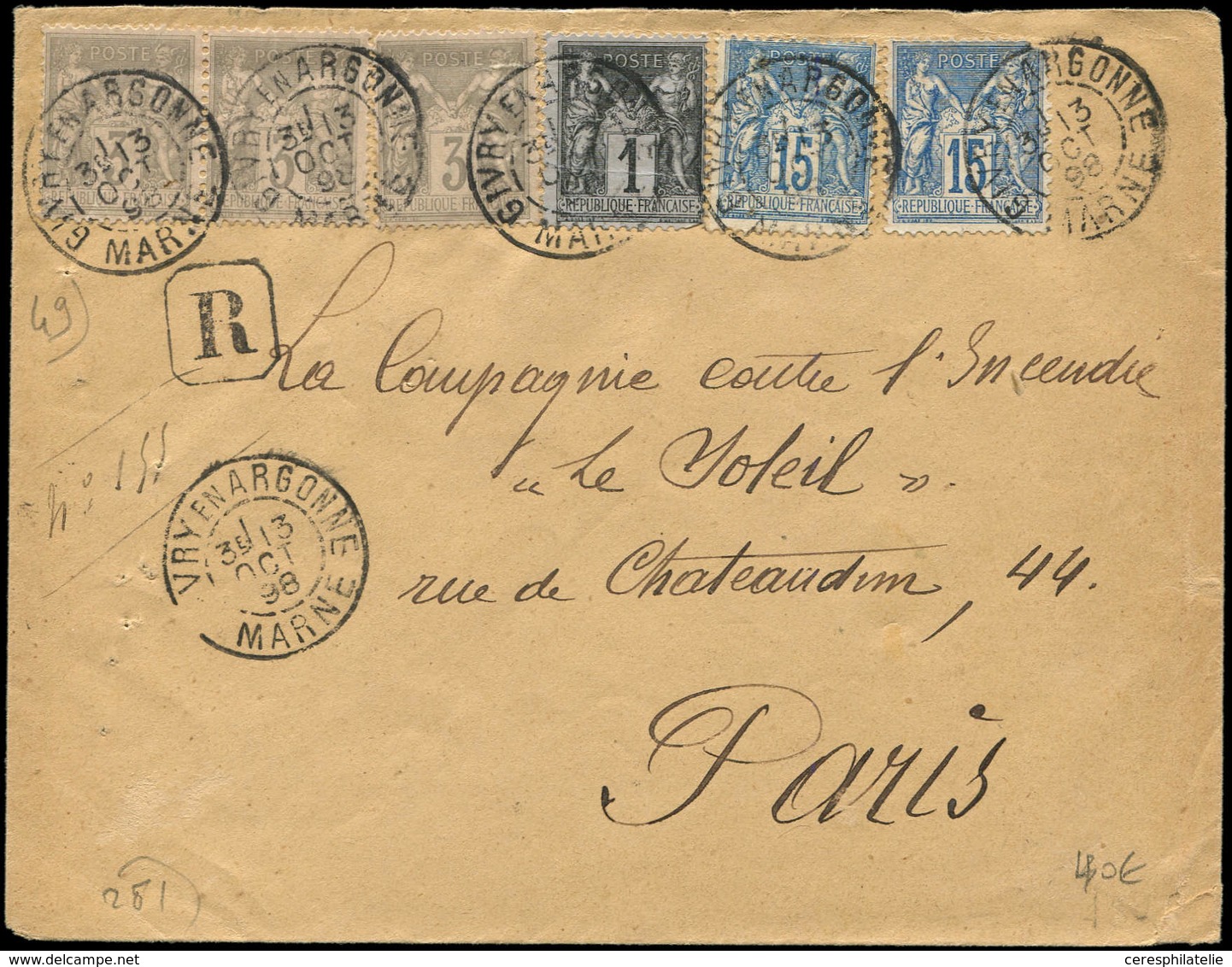 Let Recommandés, Chargés, Par Départements - 49/MARNE N°83 (pli,) N°87 (PAIRE Et Unité) Et N°90 (2 Ex. Dont 1 Défx), Obl - 1877-1920: Période Semi Moderne