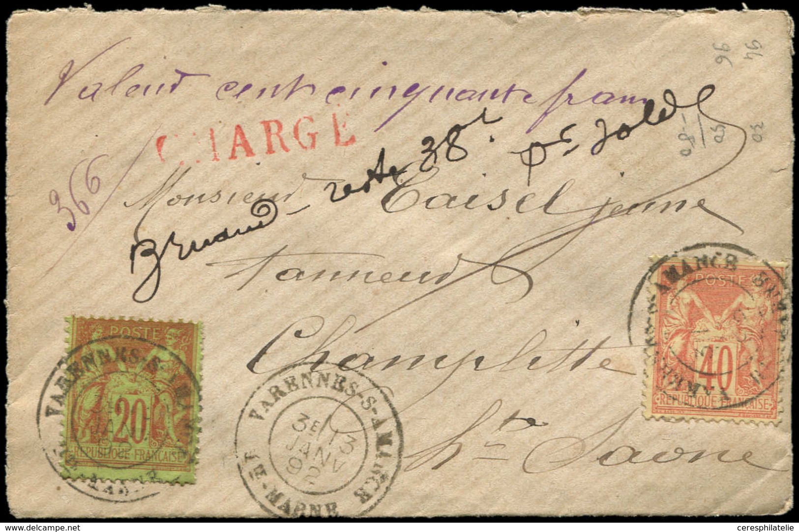 Let Recommandés, Chargés, Par Départements - 50/HAUTE MARNE N°94 Et 96 Obl. Càd VARENNES-S-AMARCHE 13/1/92 Sur Env. CHAR - 1877-1920: Periodo Semi Moderno