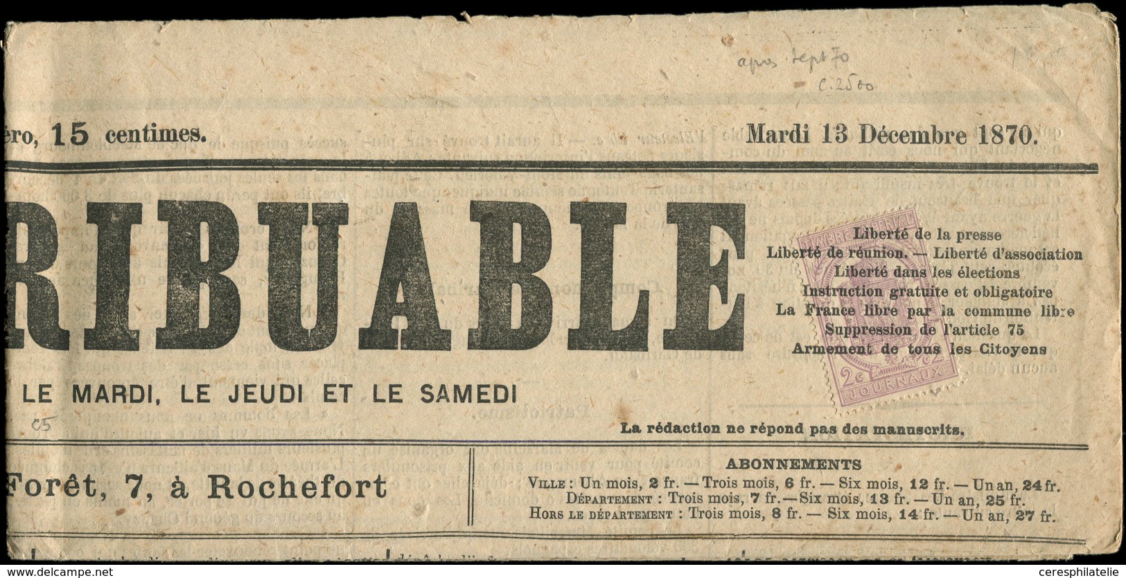 Let JOURNAUX -  7 : 2c. Violet, Obl. TYPO Sur Journal "LE CONTRIBUABLE" Du 13/12/70, R Et Superbe - Giornali