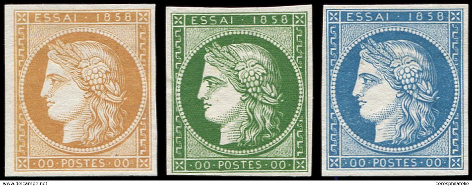 (*) ESSAIS -  1858 : Cérès, Val. 00 Bistre, Vert Et Bleu, Sans N°au Verso, TB - Autres & Non Classés