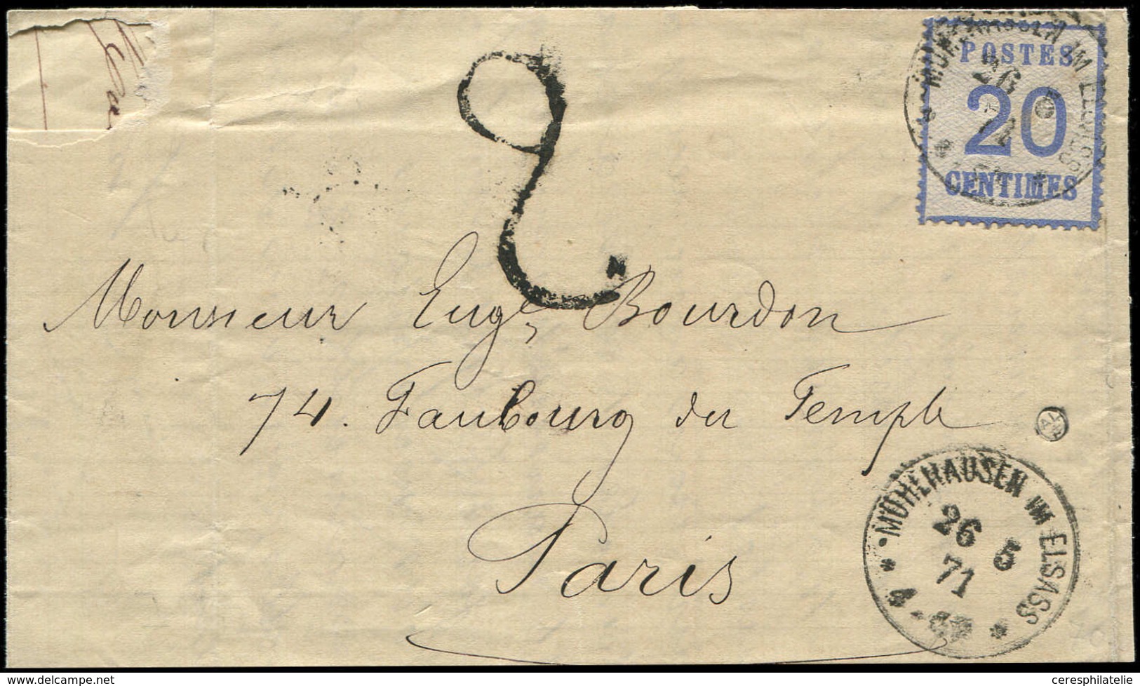 Let ALSACE-LORRAINE - 6   20c. Bleu, Obl. MUHLHAUSEN IM ELSASS 26/5/71 S. LAC, Taxe 2 Pour PARIS, TB - Lettres & Documents