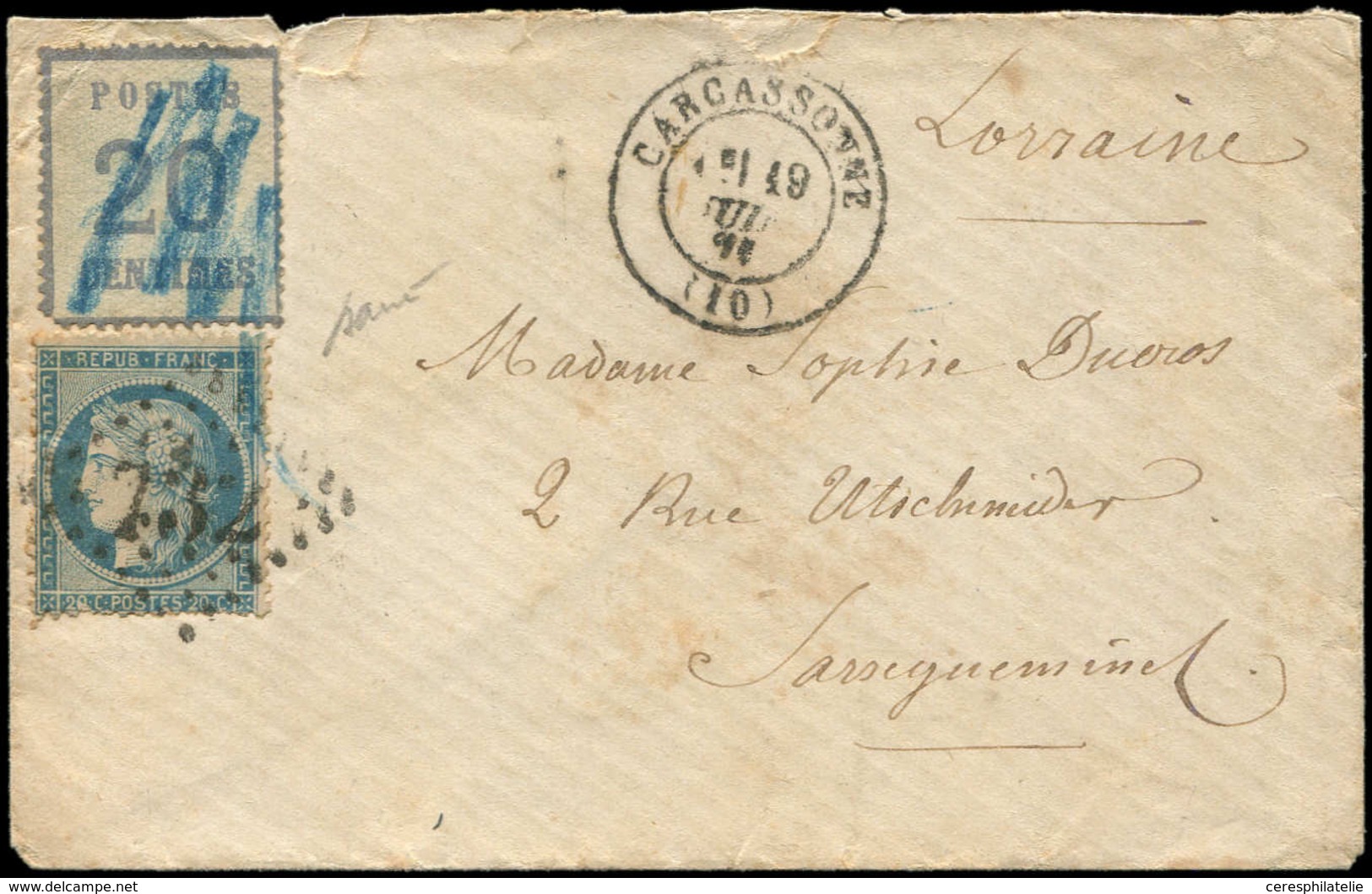 Let ALSACE-LORRAINE - Affranchissements Mixtes Avec France N°6 20c. Bleu Obl. Plume, MIXTE Avec N°60 Obl. GC 732 S. Env. - Lettres & Documents