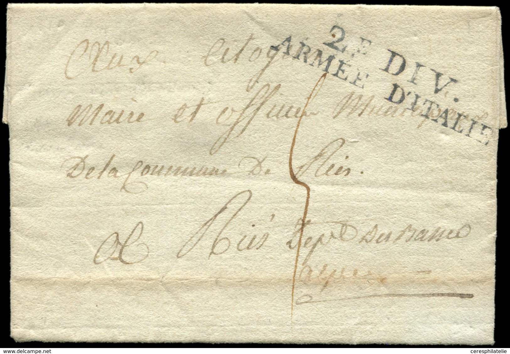 Let LETTRES SANS TIMBRE ET DOCUMENTS DIVERS - MP 2e DIV./ARMEE D'ITALIE S. LAC "du Camp Sous Les Murs De Toulon" De L'An - Altri & Non Classificati