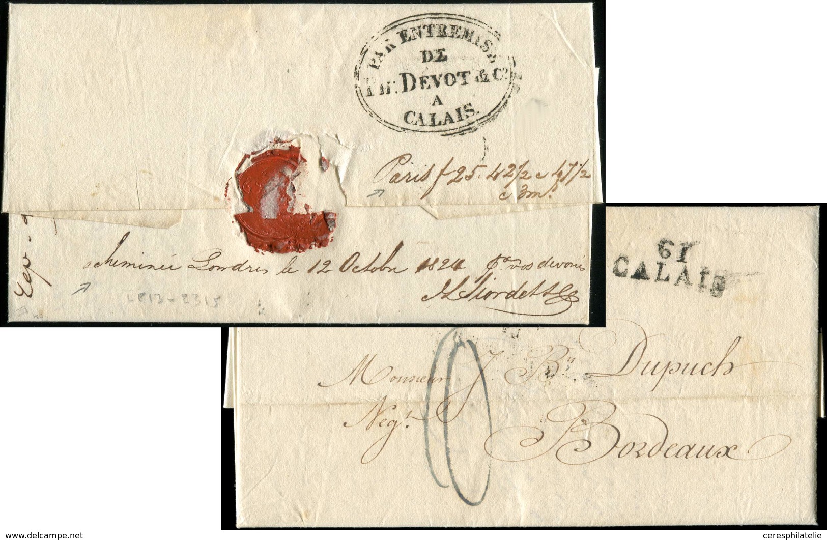 Let LETTRES SANS TIMBRE ET DOCUMENTS DIVERS - Cachet D'Achemineur PAR ENTREMISE/DE/PH. DEVOT Et Cie/A CALAIS Au Verso D' - Altri & Non Classificati