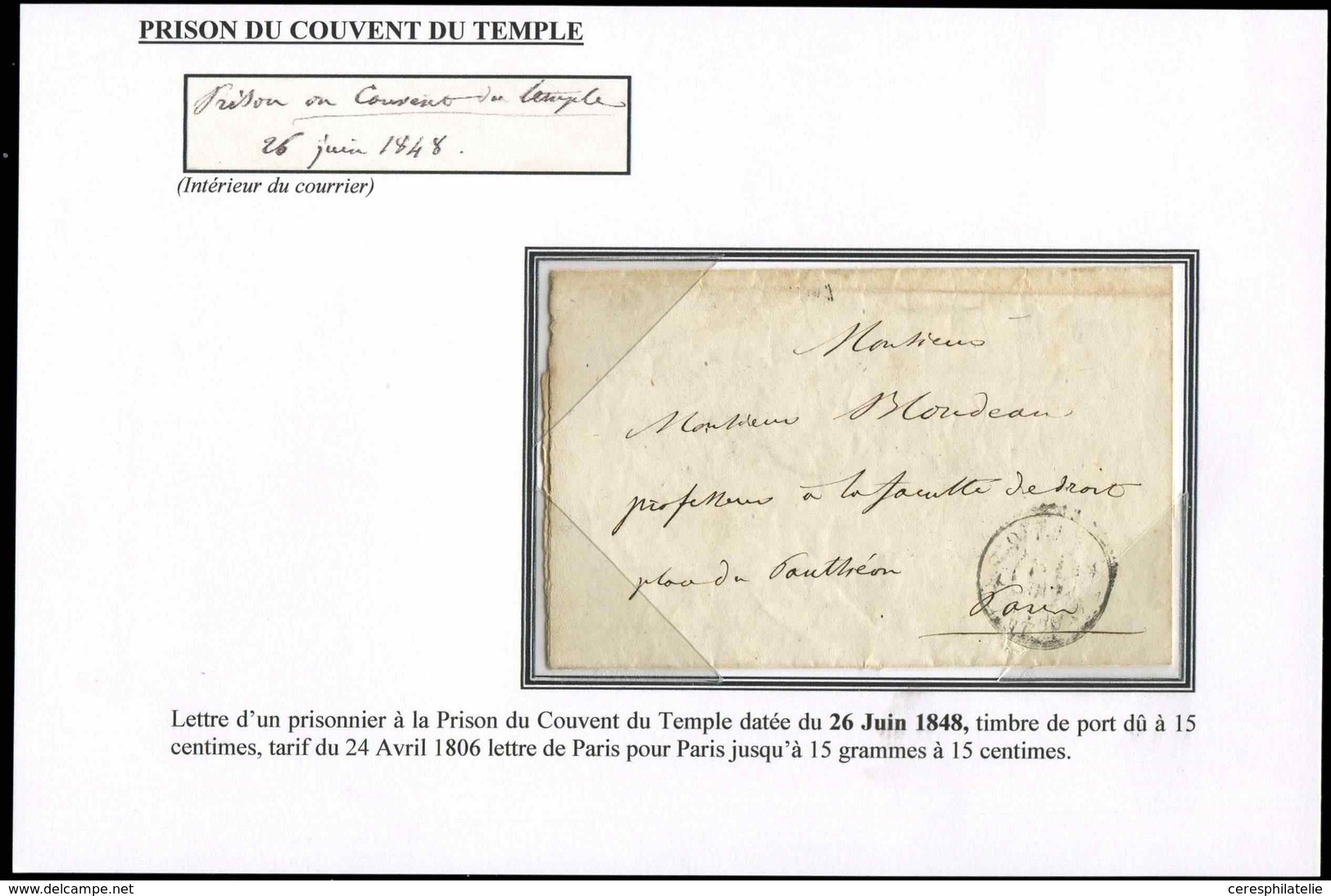 Let LETTRES SANS TIMBRE ET DOCUMENTS DIVERS - Cachet De Port Dû Sur LAC D'un Détenu De La Prison Du Couvent Du Temple, T - Altri & Non Classificati