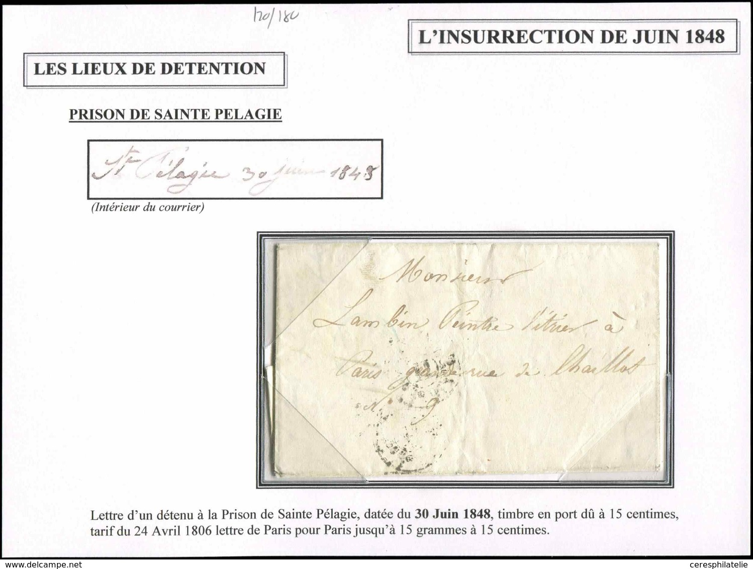 Let LETTRES SANS TIMBRE ET DOCUMENTS DIVERS - Cachet De Port Dû Sur LAC D'un Détenu De La Prison De Ste Pélagie Du 30/6/ - Altri & Non Classificati