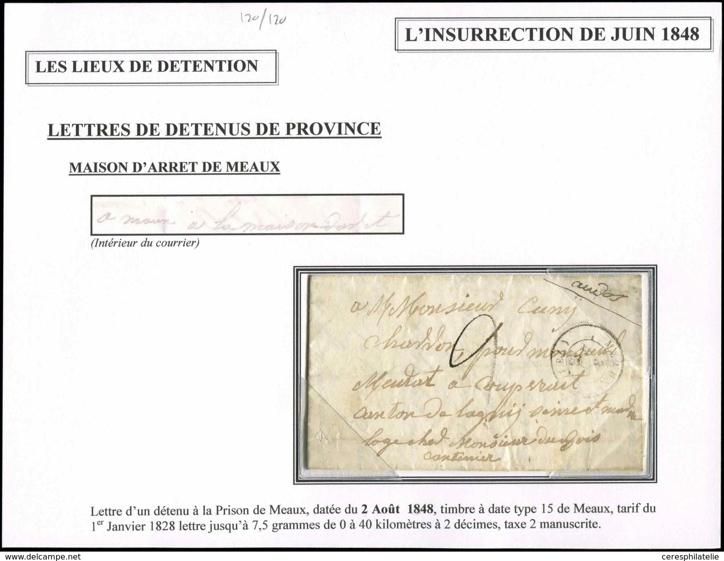 Let LETTRES SANS TIMBRE ET DOCUMENTS DIVERS - Càd T15 MEAUX 3/8/48 Sur LAC D'un Détenu De La Prison De Meaux, TB - Altri & Non Classificati