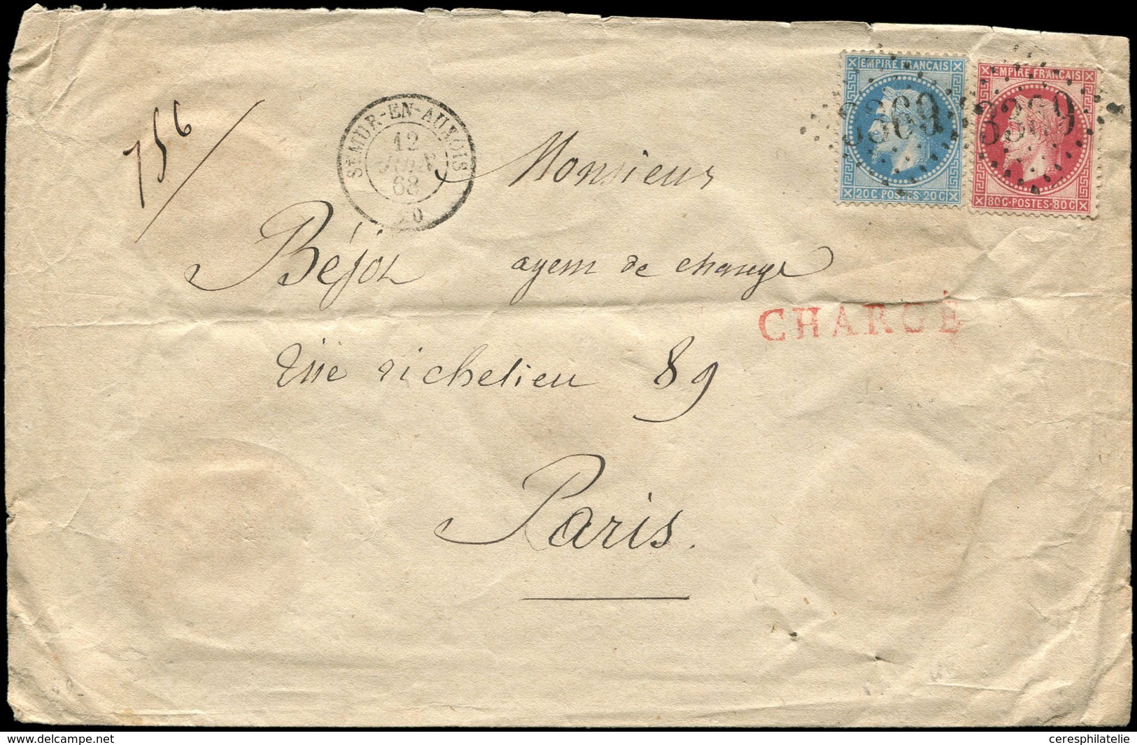 Let OBLITERATIONS PAR DEPARTEMENTS - 20/COTE D'OR N°29A Et 32, 20c. Et 80c. Obl. GC 3369 S. Env. CHARGE, Càd T15 SEMUR-E - 1849-1876: Période Classique