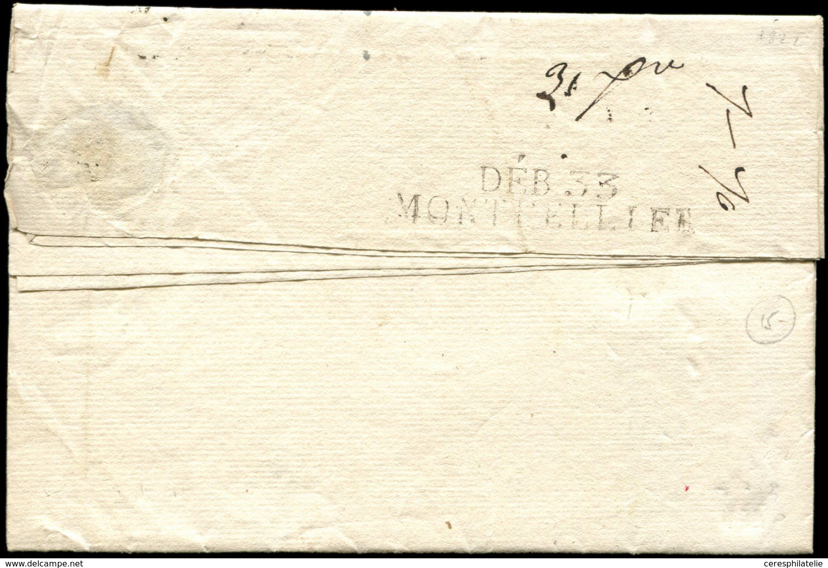 Let OBLITERATIONS PAR DEPARTEMENTS - 33/HERAULT MP DEB.33/MONTPELLIER Sur Imprimé Du 30/11/1822, TB - 1849-1876: Période Classique