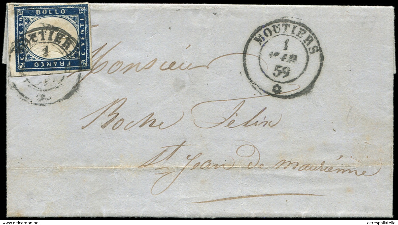 Let DUCHE DE SAVOIE - Oblitérations Sur Timbres Sardes N°12 Obl. Càd Sarde MOUTIERS 1/3/59 Sur LAC, TB - 1849-1876: Période Classique