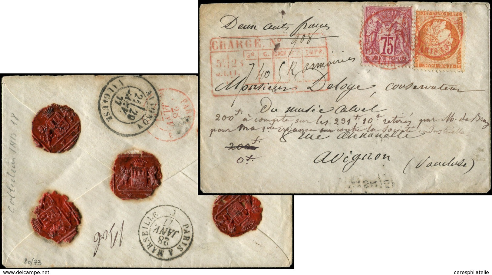 Let LETTRES DE PARIS - N°38 Et 71 Obl. Càd Rouge AFFRANCHISSEMENTS/(3) PARIS (3) 28/1/77 Sur Env. CHARGE, R Et TB - 1849-1876: Période Classique