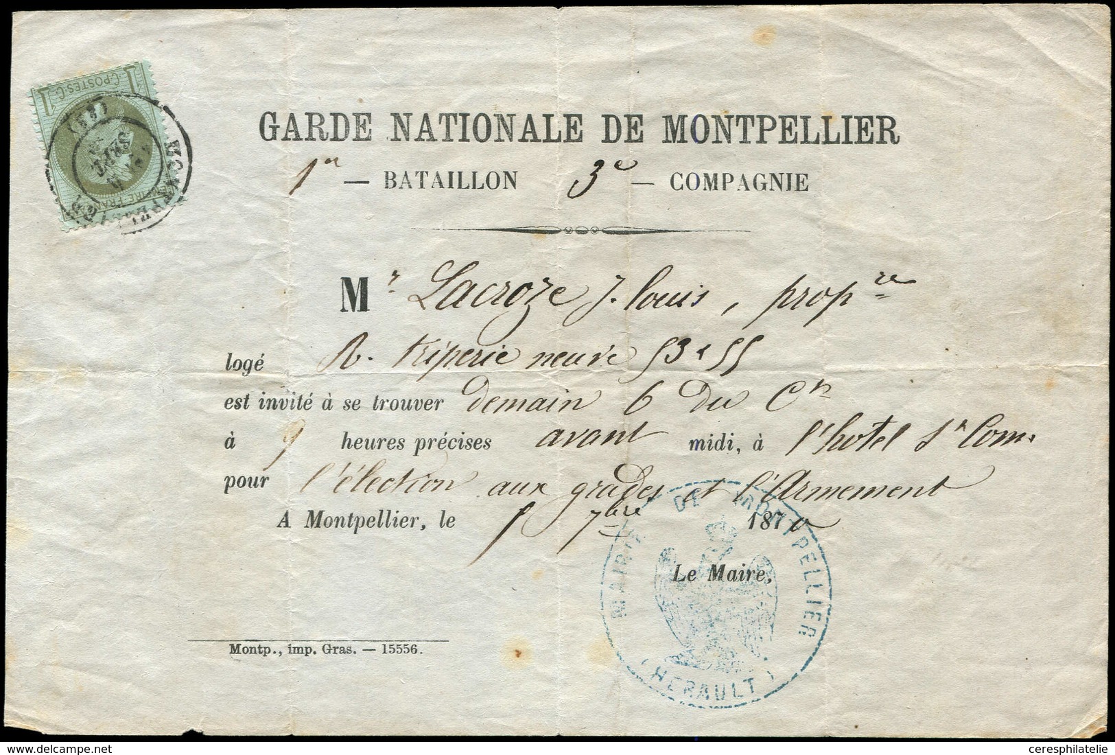 Let Guerre De 1870 -  N°25 Obl. Càd MONTPELLIER 4/9/70 Sur Document De La Garde Nationale De Montpellier, RR Et TB - Guerra Del 1870