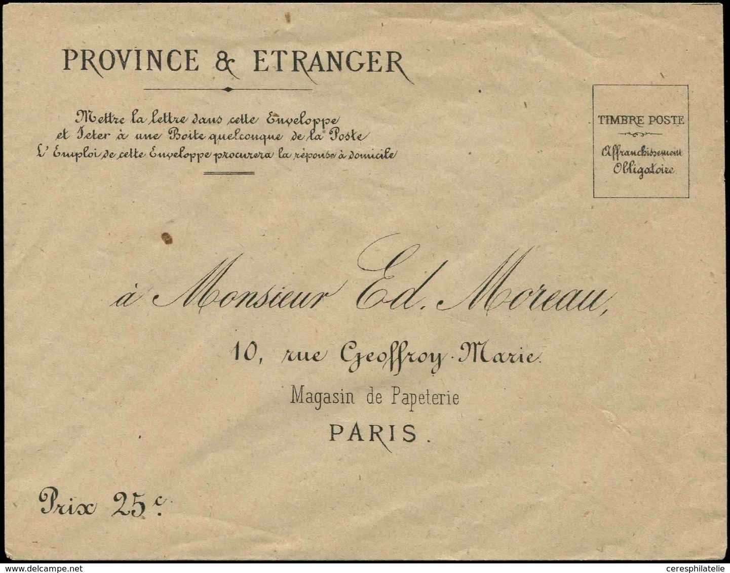 Let Commune De Paris -  Env. Neuve D'achemineur à 25c., Monsieur Ed. Moreau 10 Rue Geoffroy Marie, RR, TB - Guerre De 1870