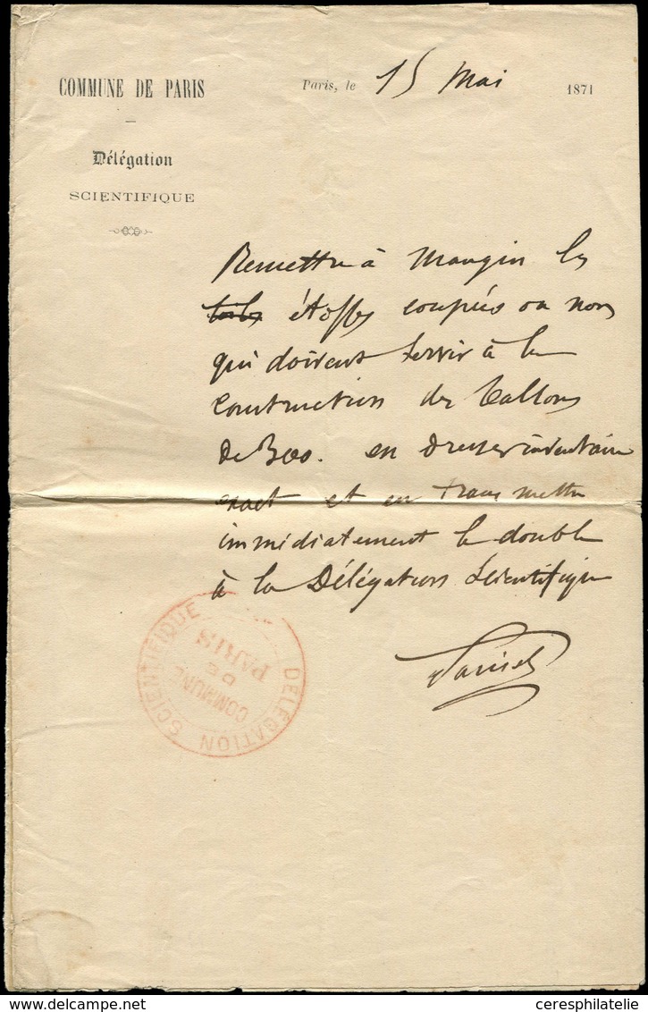 Let Commune De Paris -  Lettre De La -Délégation Scientifique Du 15/5/71 Signée Parisel Avec Cachet Rouge De La Délégati - Guerre De 1870