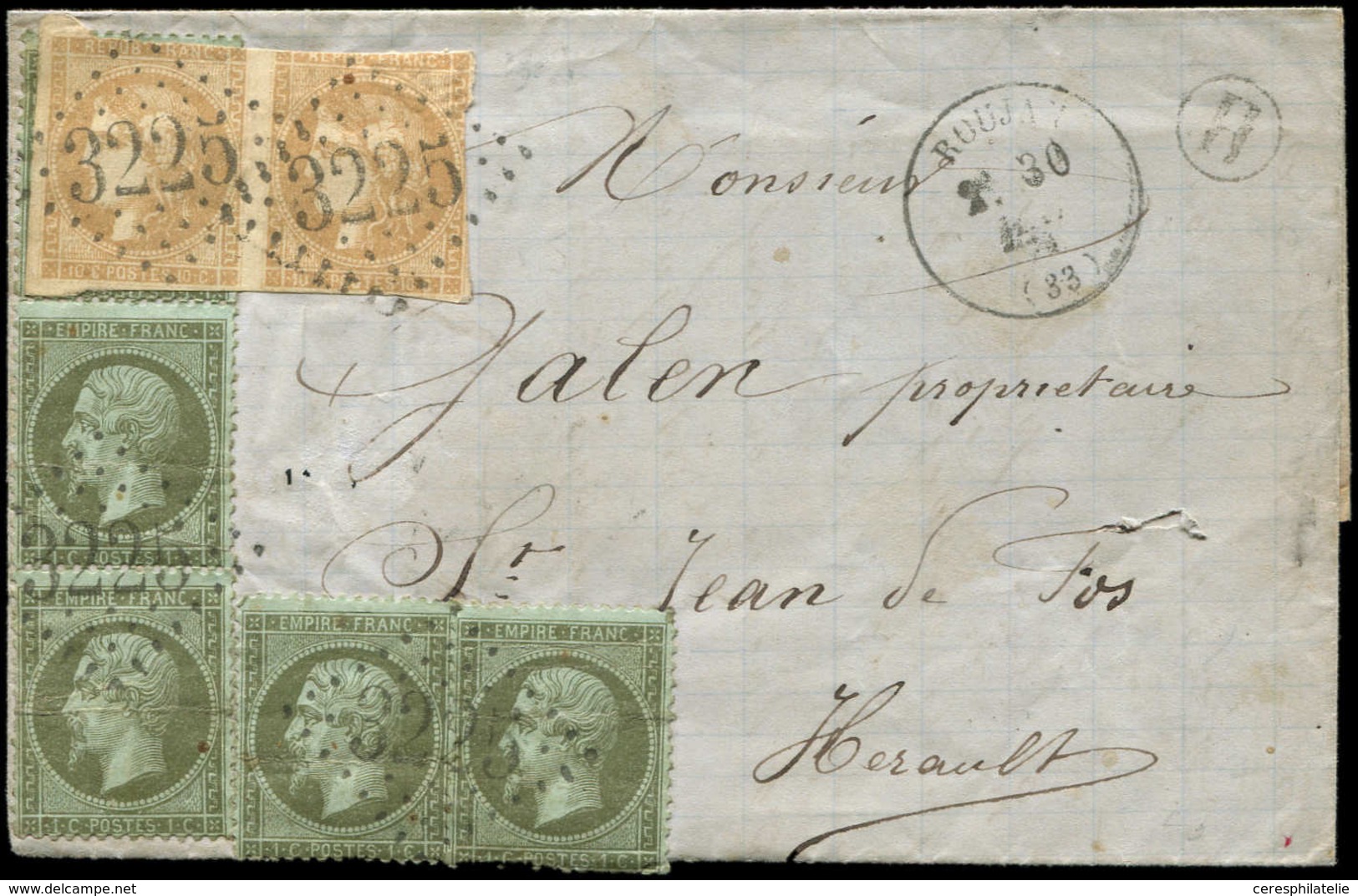 Let AFFRANCHISSEMENTS ET COMBINAISONS - N°19 PAIRE Et 2 Ex. + N°43A PAIRE Entamée, Obl. GC 3225 S. LAC De Neffiès, Càd T - 1849-1876: Periodo Classico