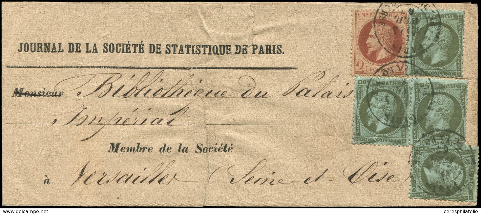 Let AFFRANCHISSEMENTS ET COMBINAISONS - N°19 (4) Et 26A Obl. Càd Pl. De La Bourse 4/67 S. Bande D'Imprimé, R Afft à 6c., - 1849-1876: Période Classique