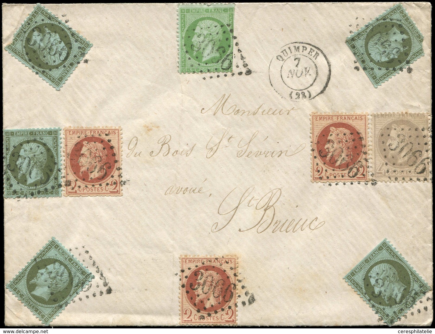 Let AFFRANCHISSEMENTS ET COMBINAISONS - N°19 (5), 20, 26 (3) Et 27, Obl. GC 3066 S. Env., Càd T15 QUIMPER 7/11/65, 2 T.  - 1849-1876: Période Classique