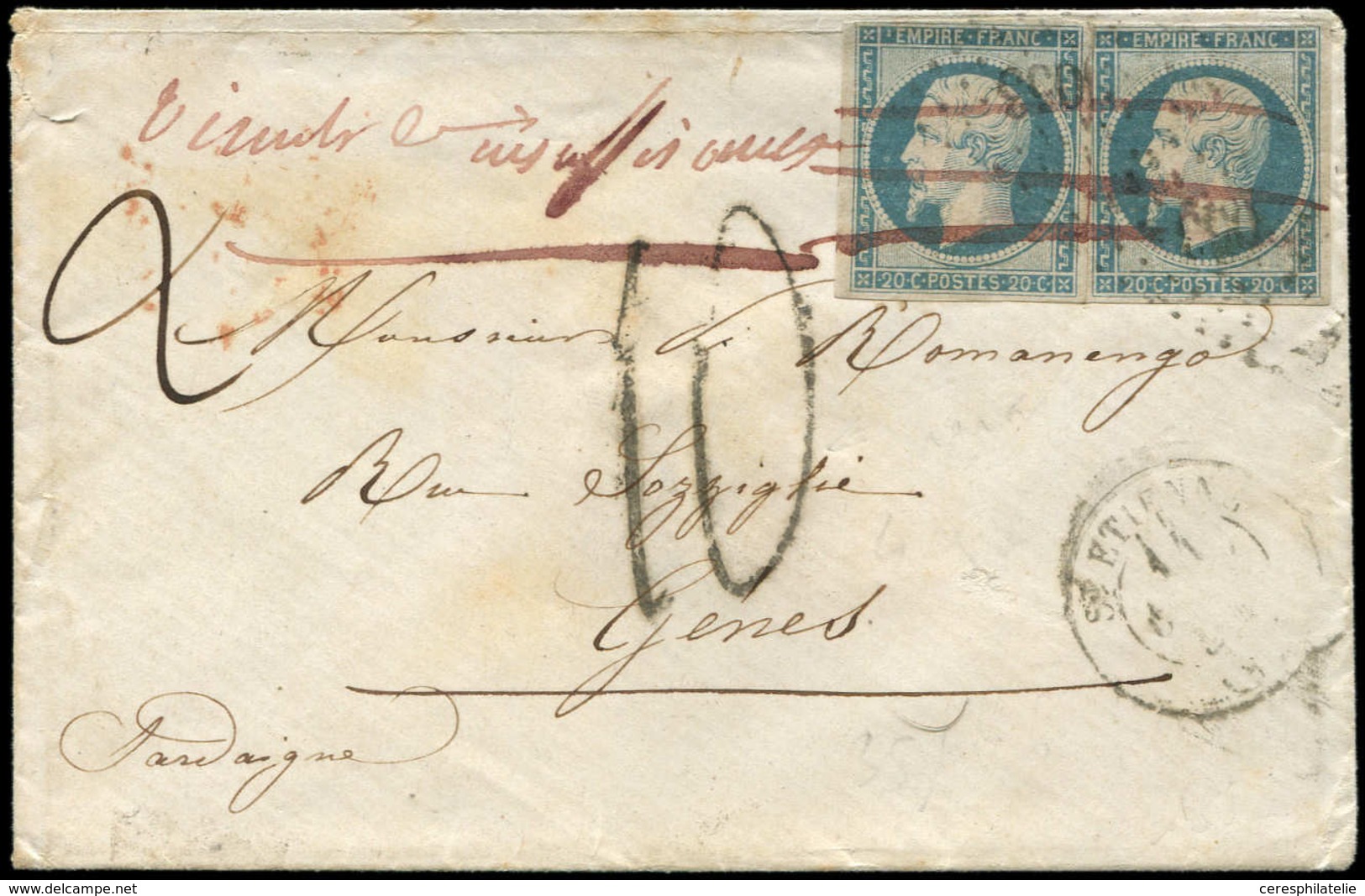 Let DESTINATIONS - N°14A (2) Obl. PC 3053 S. Env., Càd St ETIENNE, "timbre Insuff.", Annulés Plume Rouge, Taxe 10 Pour G - 1849-1876: Période Classique