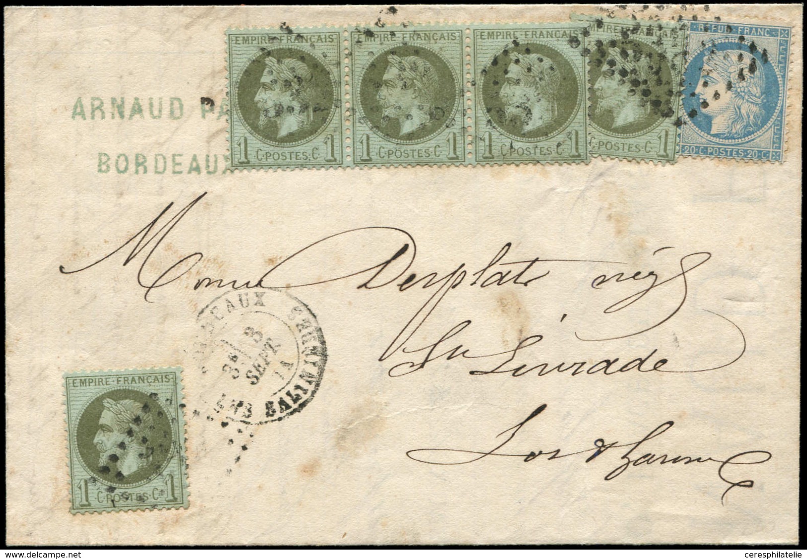 Let AFFRANCHISSEMENTS DE SEPTEMBRE 1871 - N°25 BANDE De 3 Et 2 Unités Et N°60A, Obl. GC 532 S. LAC, Càd BORDEAUX 3/9/71, - 1849-1876: Période Classique