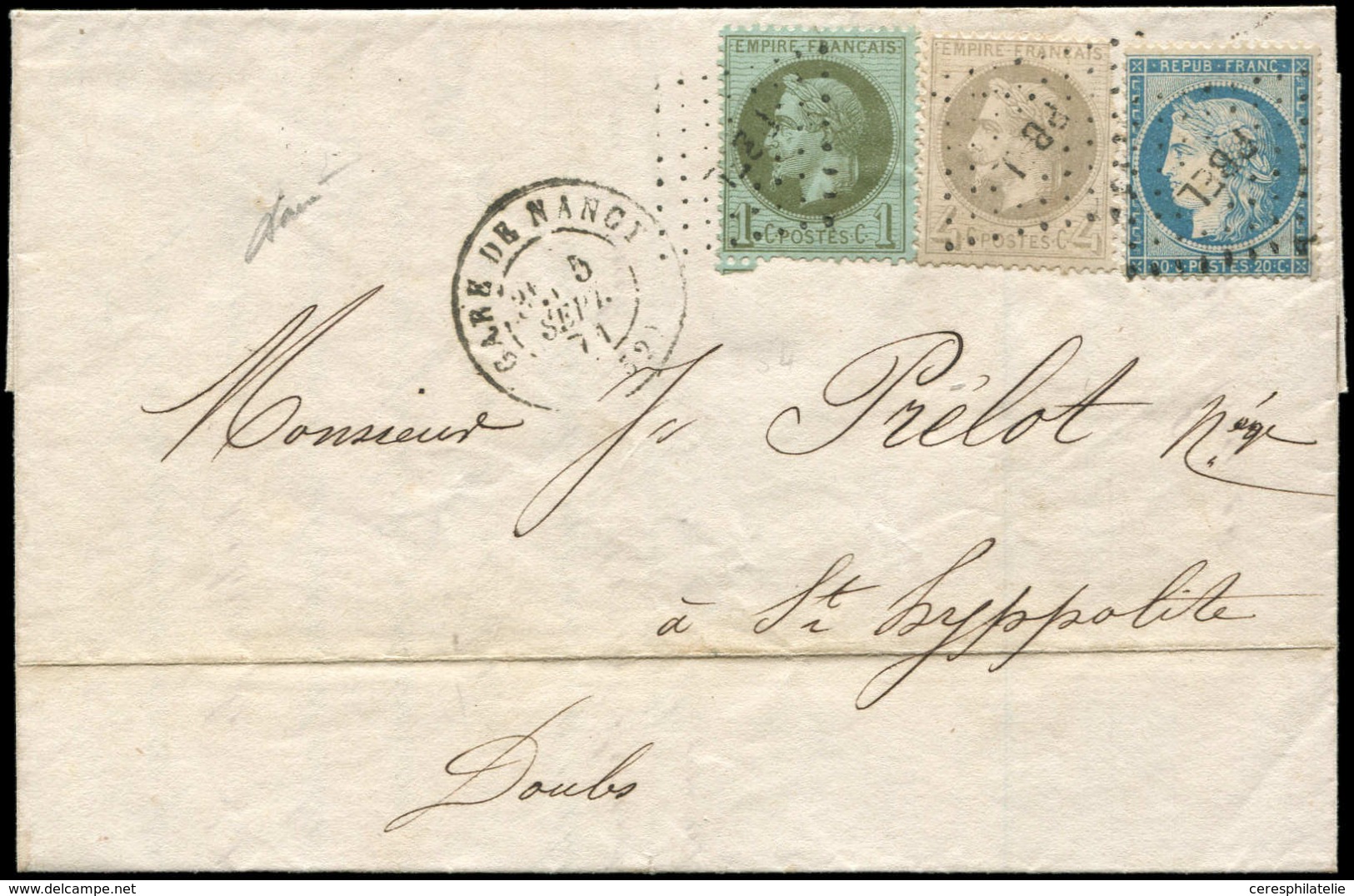 Let AFFRANCHISSEMENTS DE SEPTEMBRE 1871 - N°25, 27B Et 37 Obl. Amb. PBEL S. LAC, Càd GARE DE NANCY 5/9/71, TTB - 1849-1876: Période Classique