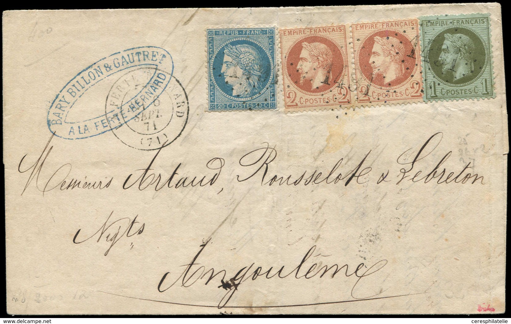 Let AFFRANCHISSEMENTS DE SEPTEMBRE 1871 - N°25 (dc), 26 PAIRE Et 37, Obl. GC 1491 S. LAC, Càd T17 LA FERTE BERNARD 6/9/7 - 1849-1876: Période Classique