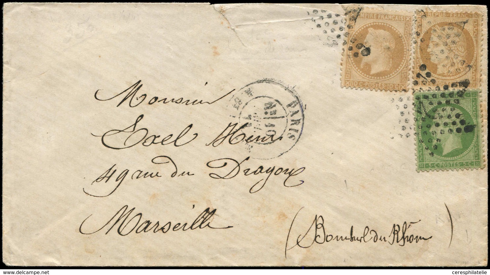 Let AFFRANCHISSEMENTS DE SEPTEMBRE 1871 - N°20, 28B Et 36 Obl. Etoile 2 S. Env., Càd R. St Lazare 10/9/71, TB - 1849-1876: Période Classique