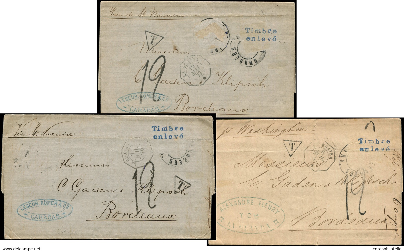 Let POSTE MARITIME - 3 Lettres Avec Càd Oct. LA GUAYRA Et Griffe Timbre Enlevé, Taxe 12 Pour Bordeaux, 1876-77, TB - Poste Maritime