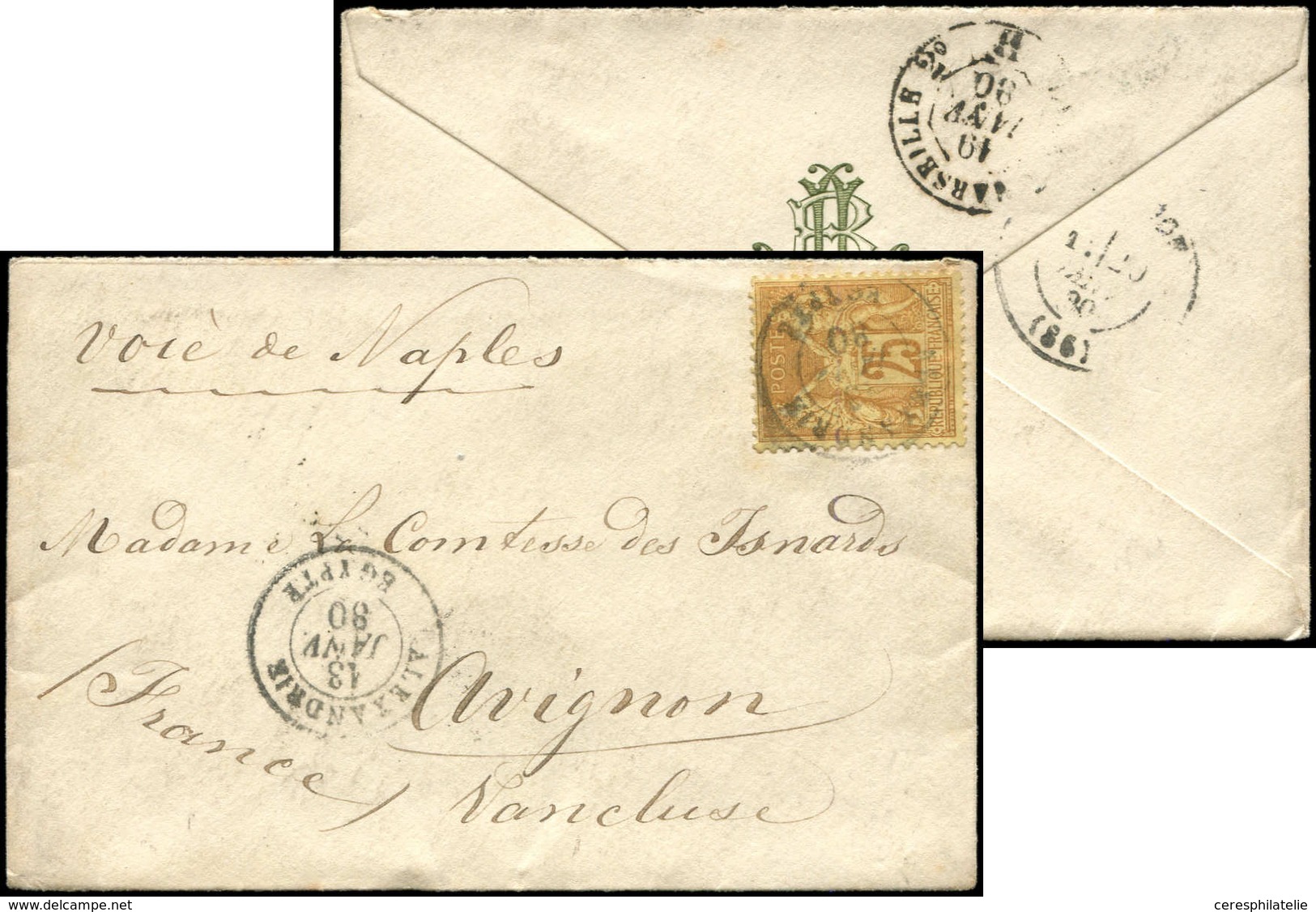 Let BUREAUX FRANCAIS A L'ETRANGER - N°92 Obl. Càd ALEXANDRIE 13/1/80 S. Env., Arr. Avignon , TB - 1849-1876: Période Classique