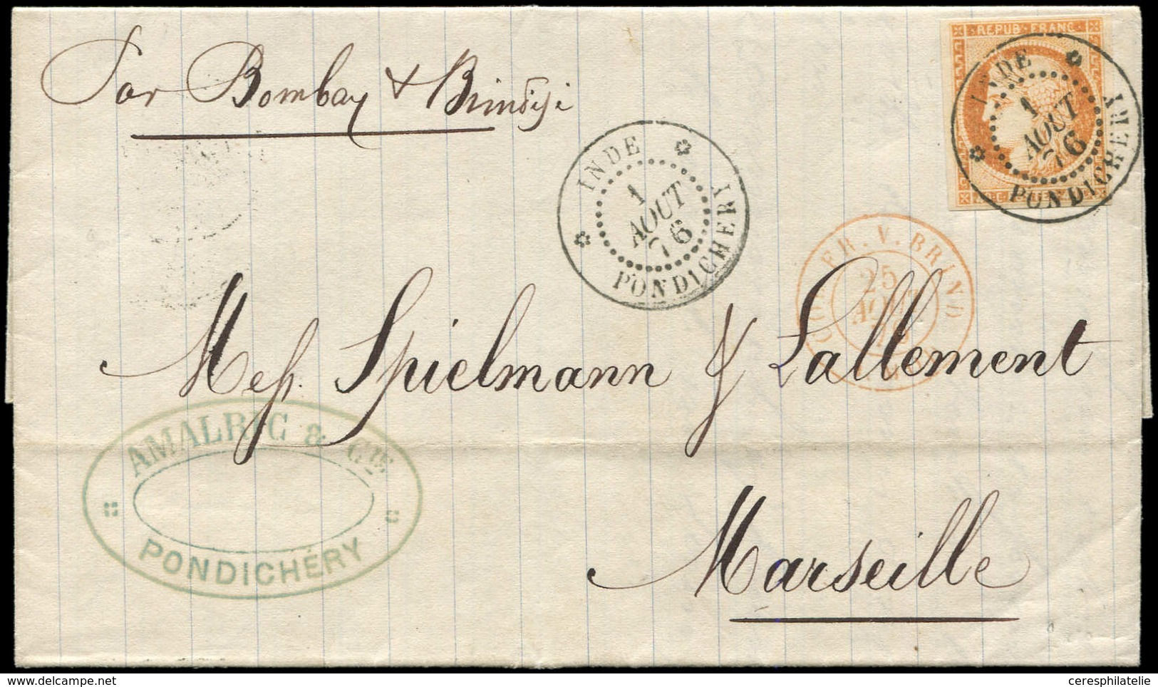 Let BUREAUX FRANCAIS A L'ETRANGER - N°38 Obl. Càd INDE PONDICHERY 1/8/76 Répété à Côté S. LAC, Superbe - 1849-1876: Période Classique