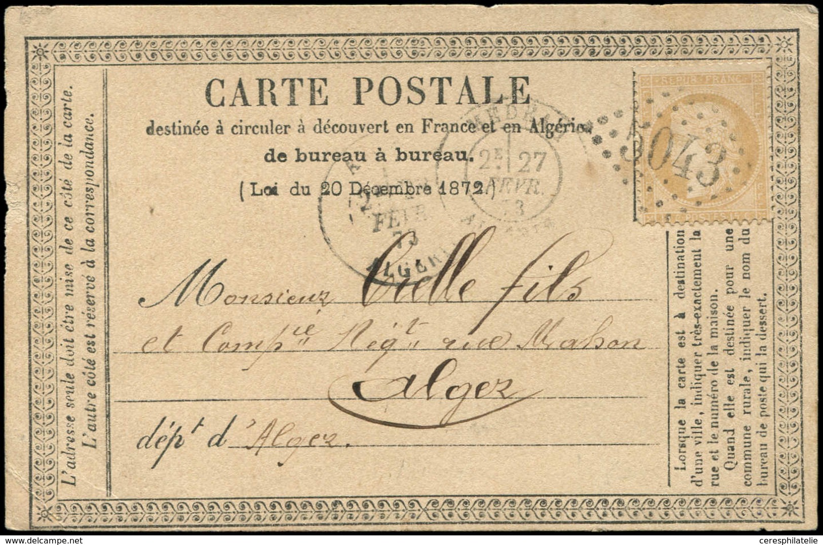 Let LETTRES ET OBLITERATIONS D'ALGERIE - N°59 Obl. Càd GC 5043 S. CP Locale, Càd MEDEAH 27/2/73, TB - 1849-1876: Periodo Classico