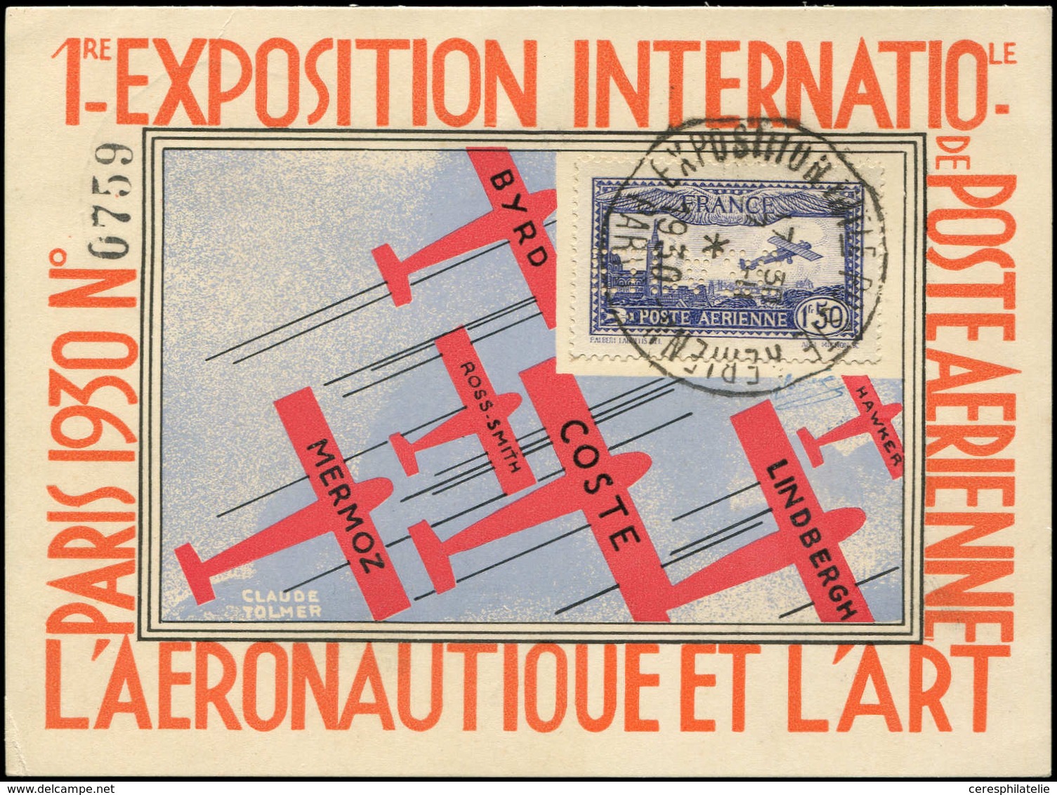 Let POSTE AERIENNE - 6c  1f.50 Outremer, E.I.P.A. 30 Obl. S. CP De L'Expo, TB - 1927-1959 Neufs