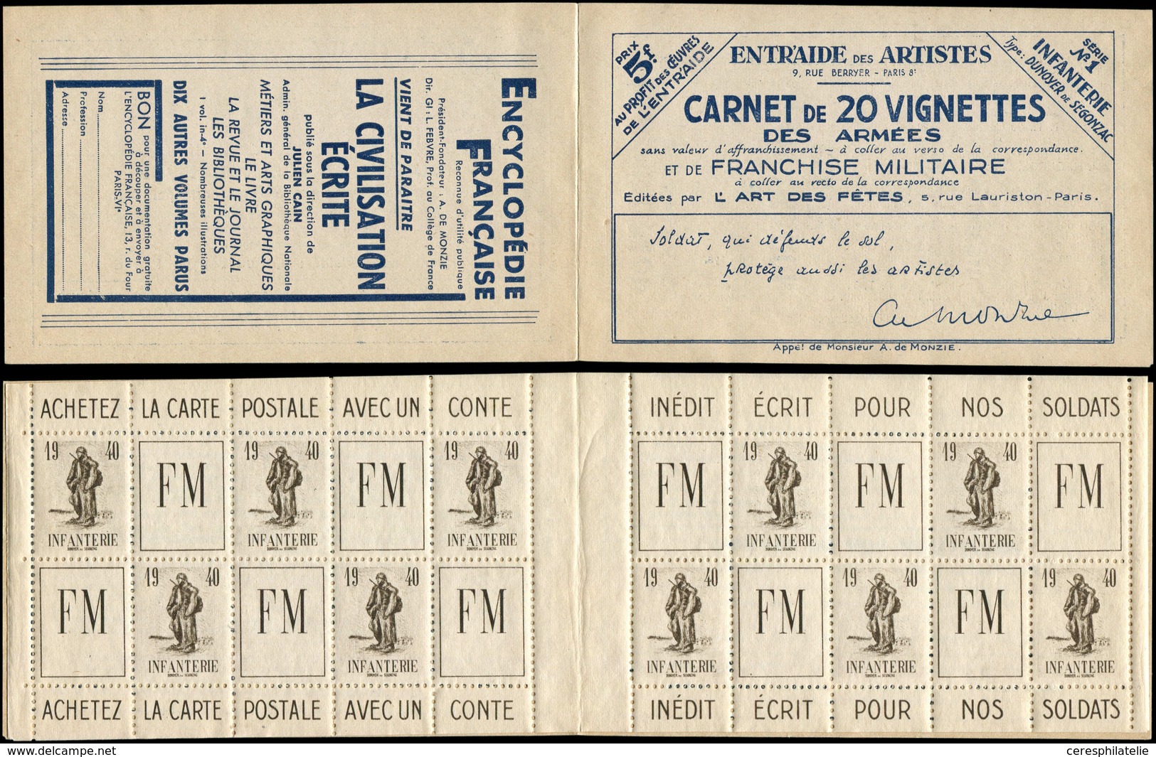 FRANCHISE MILITAIRE - 10A  Infanterie, FM Brun, Carnet De 10 Diptyques, TB - Timbres De Franchise Militaire