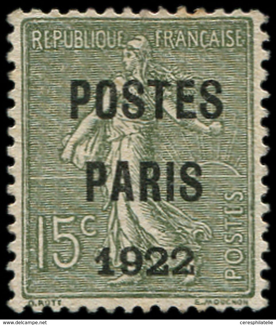 (*) PREOBLITERES - 31  15c. Vert-olive, POSTES PARIS 1922, TB - 1893-1947