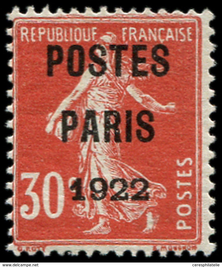 * PREOBLITERES - 32  30c. Rouge, POSTES PARIS 1922, TB. Br - 1893-1947