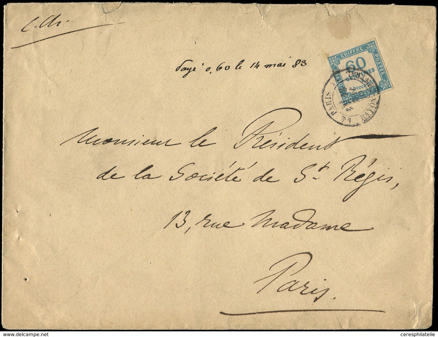 Let TAXE - 9   60c. Bleu, Obl. Càd PARIS 14 RAYON CENTRAL 13/5/83 S. Env., 2e échelon De Poids, TB - 1859-1959 Usati