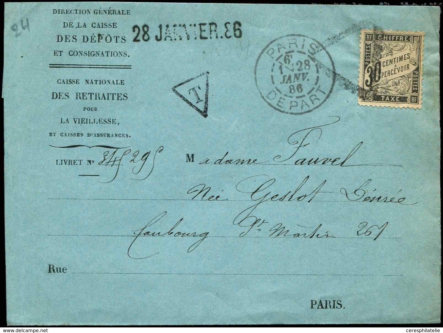 Let TAXE - 18  30c. Noir, Obl. Triangle S. LSC Caisse Des Dépôts, Càd Paris 28/1/86, TTB - 1859-1959 Usati