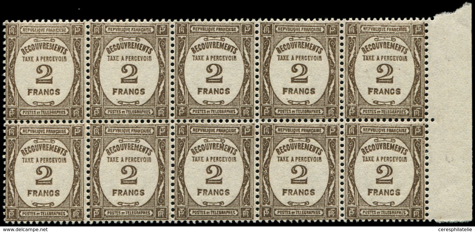 ** TAXE - 62   2f. Sépia, BLOC De 10 Bdf, TB - 1859-1959 Oblitérés