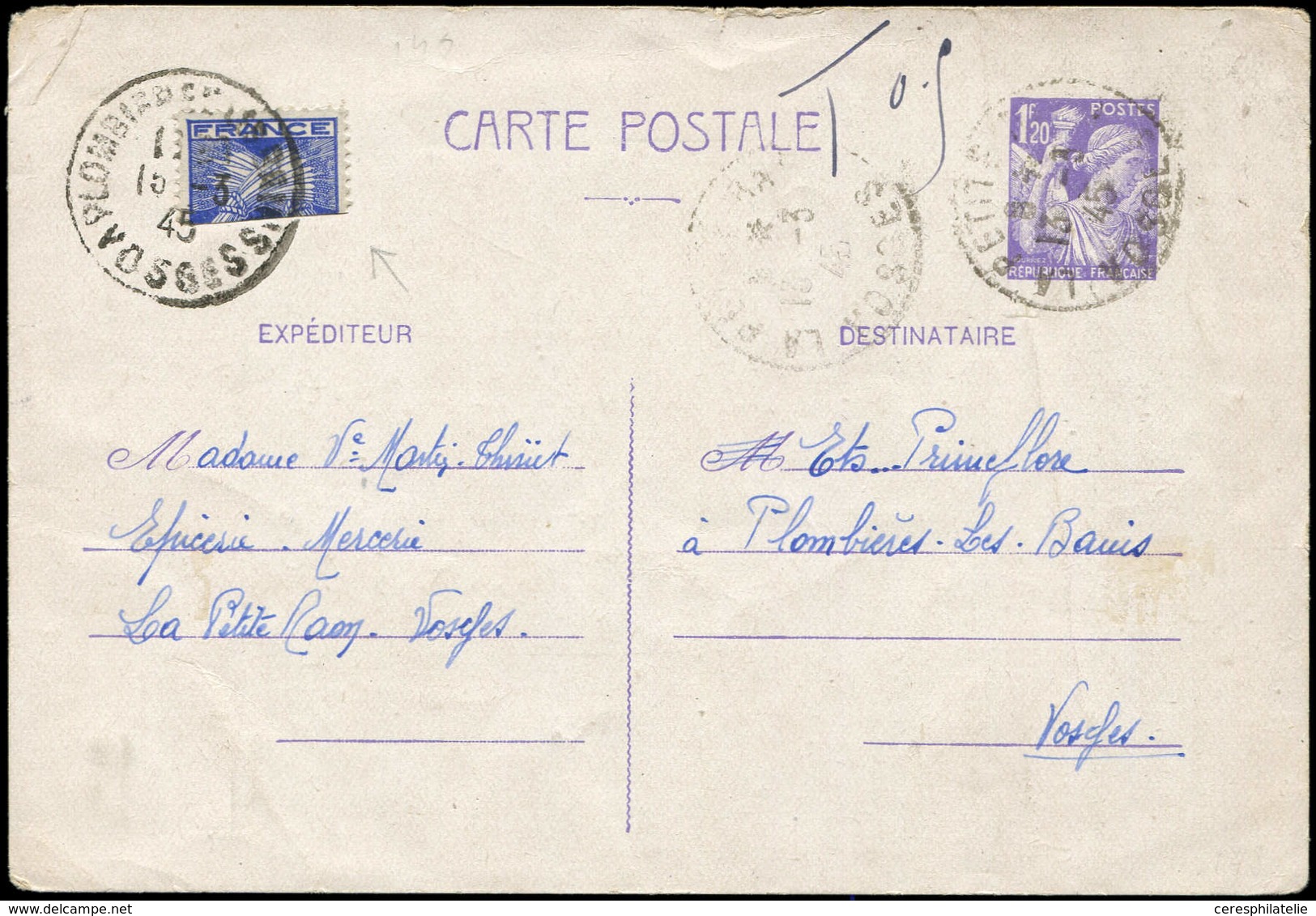 Let TAXE - 70  Gerbes,  1f. Bleu-violet, MOITIE De Timbre Obl. Plombières 15/3/45 Sur CP Entier Iris 1f20, R Et TB - 1859-1959 Oblitérés