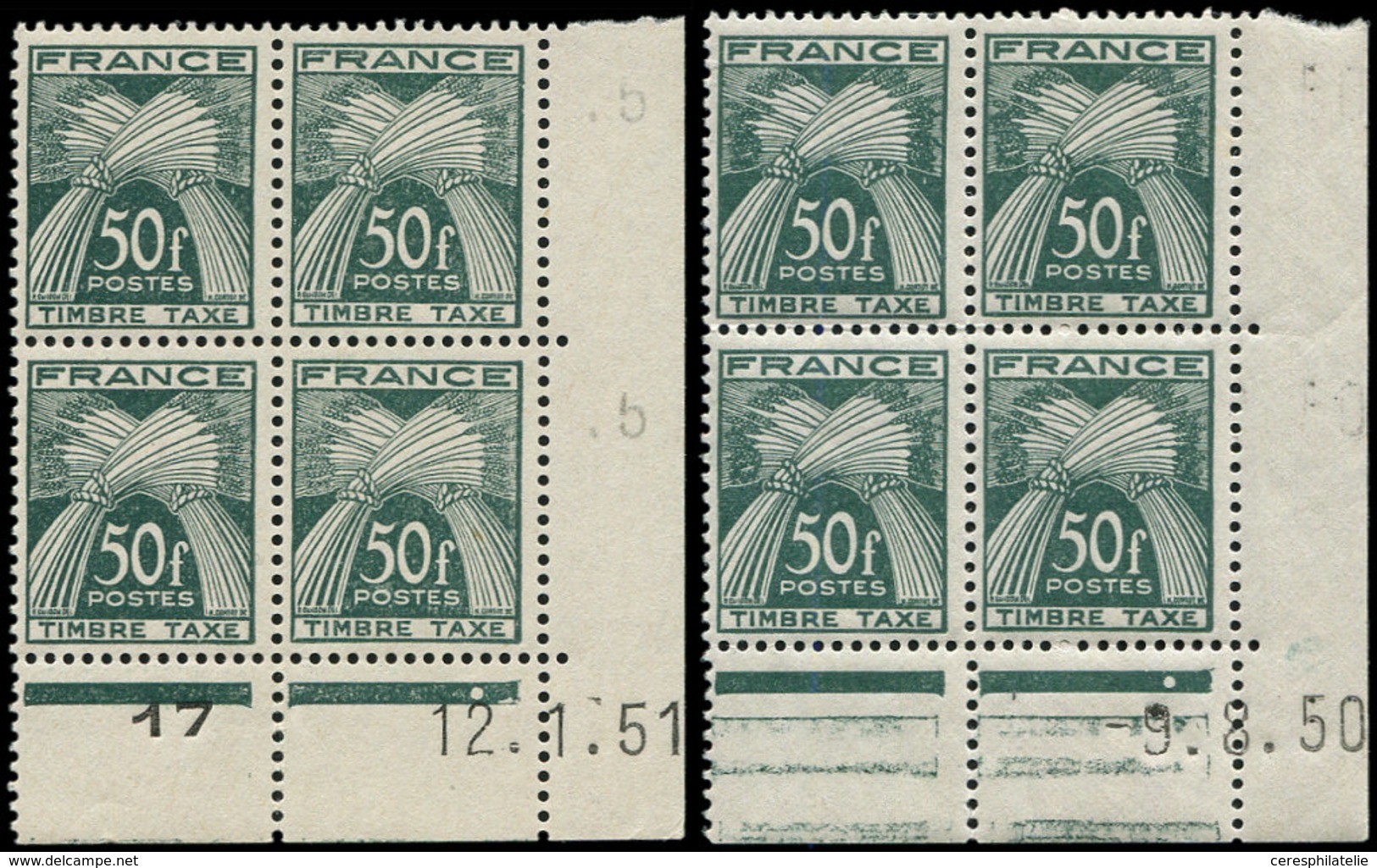 ** TAXE - 88  Gerbes, 50f. Vert, 2 BLOCS De 4 CD 9/8/50 Et 12/1/51, TB - 1859-1959 Oblitérés