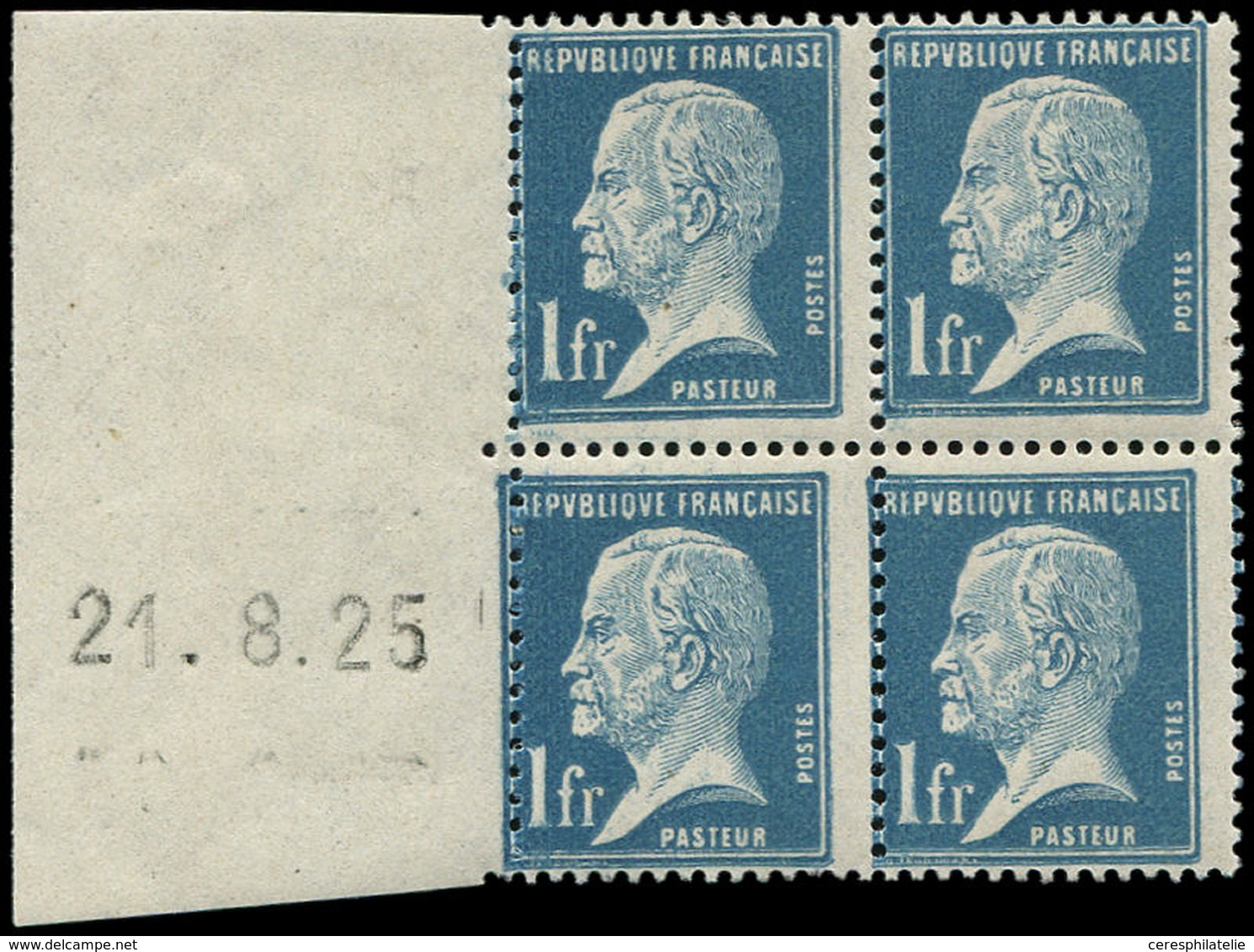 ** ROULETTES - 19  Pasteur, 1f. Bleu, BLOC De 4 Bdf Daté 21/8/25, Décalage De Galvano, TB - Roulettes