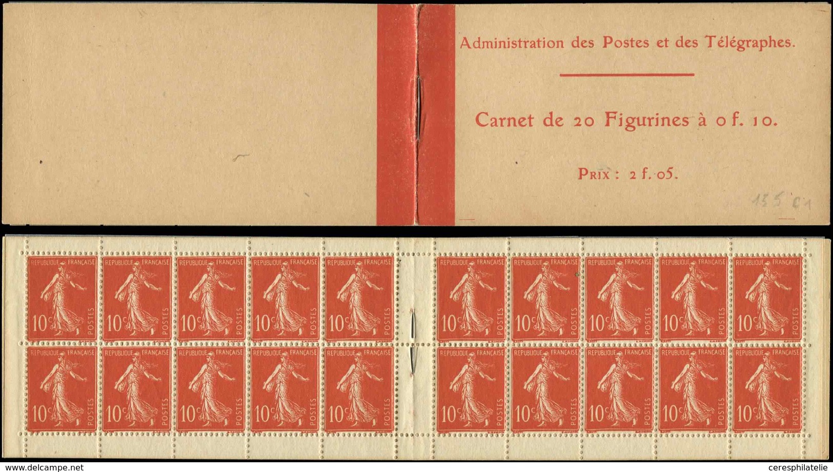 CARNETS (N°Cérès Jusqu'en1964) - 3    Semeuse Chiffres Maigres, 10c. Rouge, N°135B, T III, Carnet De 20, TB - Autres & Non Classés