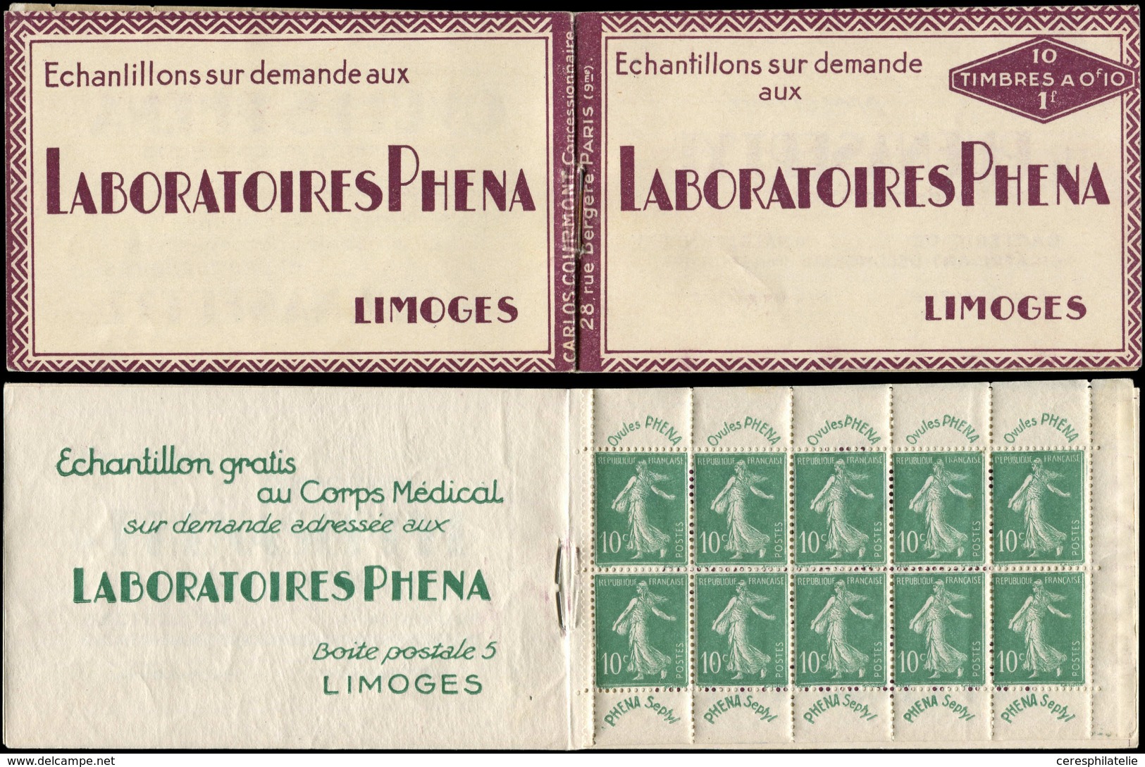 CARNETS (N°Cérès Jusqu'en1964) - 6a   Semeuse Chiffres Maigres, 10c. Vert, N°188, R De REPUBLIQUE Cassé (case 5), PHENA, - Autres & Non Classés