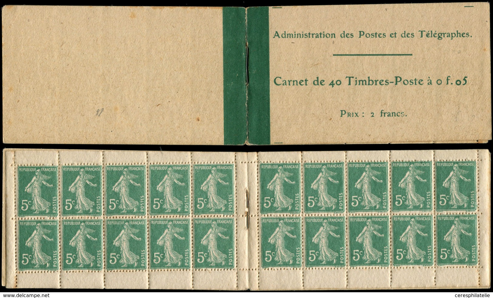 CARNETS (N°Cérès Jusqu'en1964) - 11   Semeuse Camée,  5c. Vert, N°137A, T II, Papier GC, Qqs Adh., Sinon TB - Autres & Non Classés