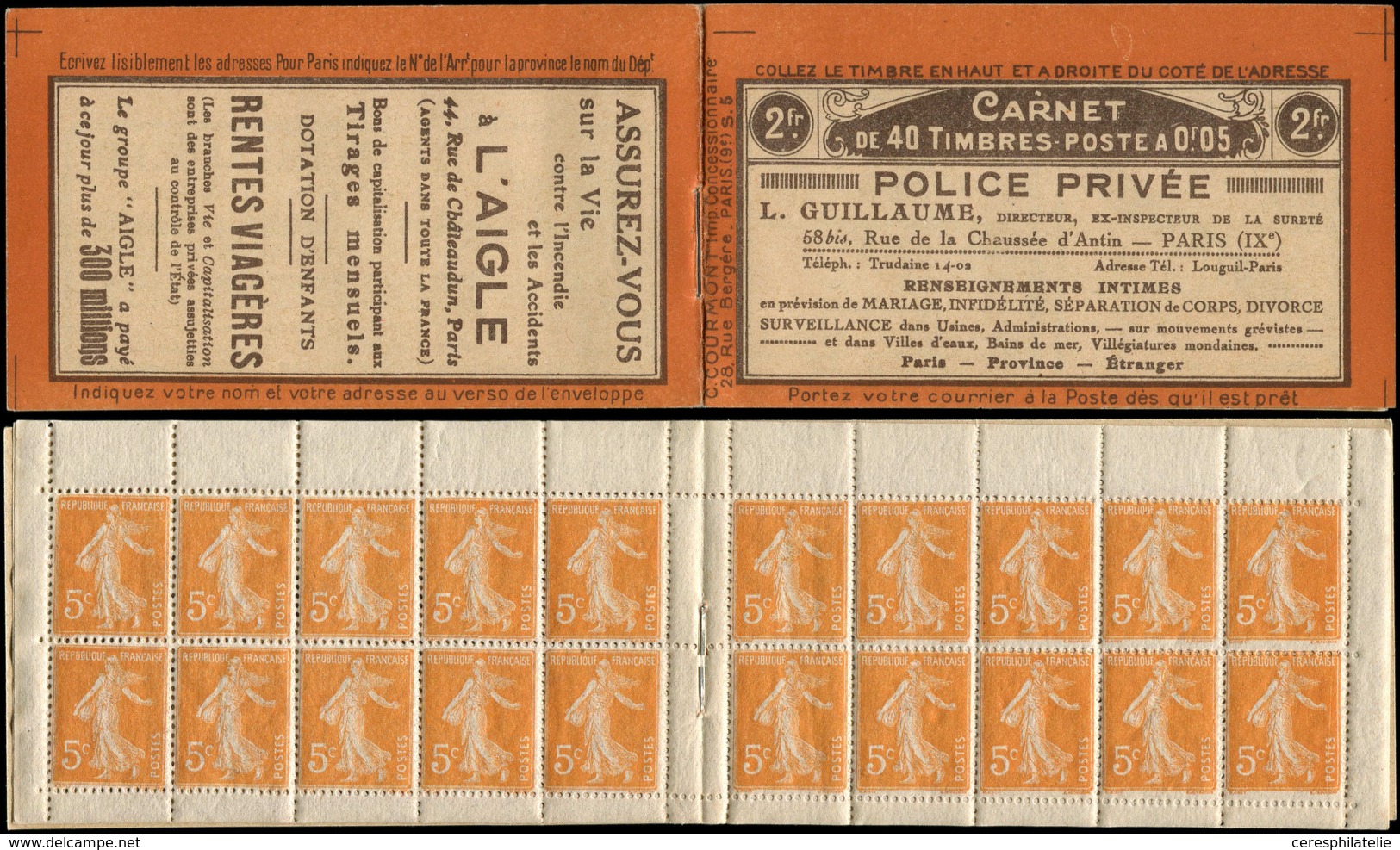 CARNETS (N°Cérès Jusqu'en1964) - 17   Semeuse Camée,  5c. Orange, N°158A, T IIA, S. 5, POLICE PRIVEE, Infimes Petites Ad - Autres & Non Classés