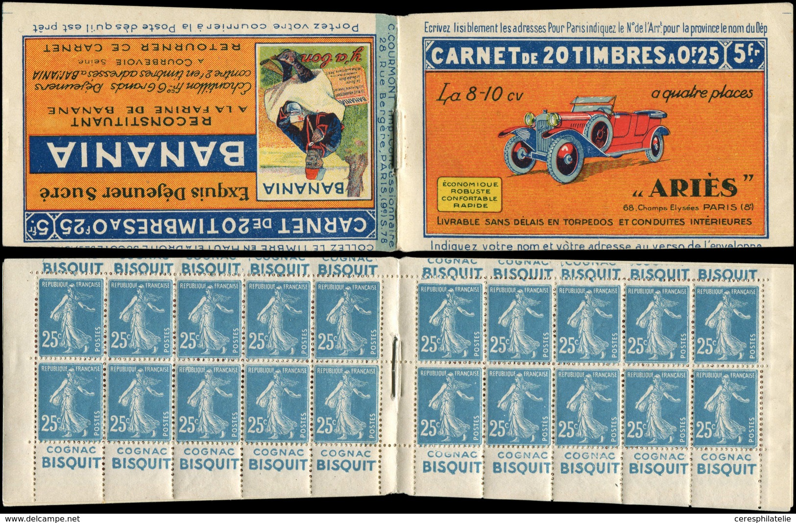 CARNETS (N°Cérès Jusqu'en1964) - 38   Semeuse Camée, 25c. Bleu, N°140B, T II, S. 78, BANANIA-ARIES, TB - Autres & Non Classés